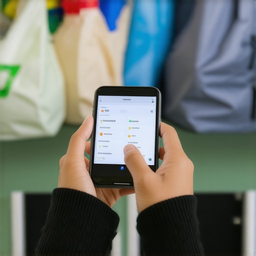 Person scheduling laundry pickup on smartphone with reusable bags nearby