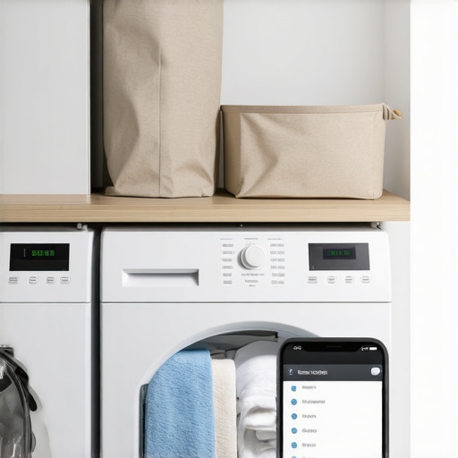 A neat laundry area with labeled bins and a smartphone scheduling app on display.