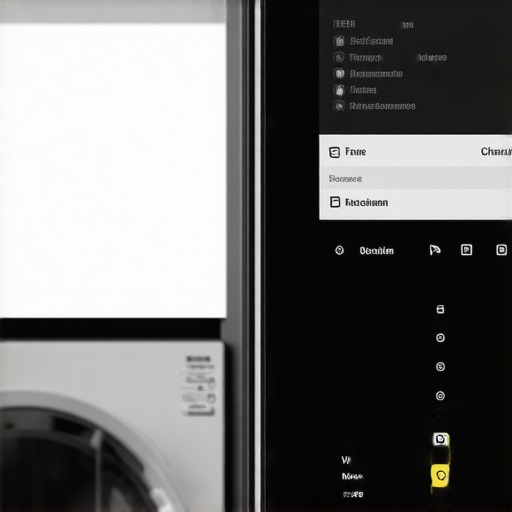 A technician monitoring laundry equipment and a digital management system on screen
