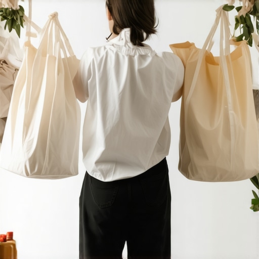Person packing laundry in reusable bags near a doorstep