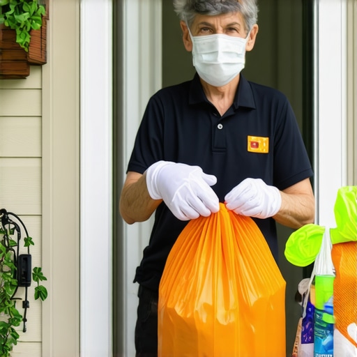 Laundry pickup service technician sanitizing laundry bags during contactless pickup