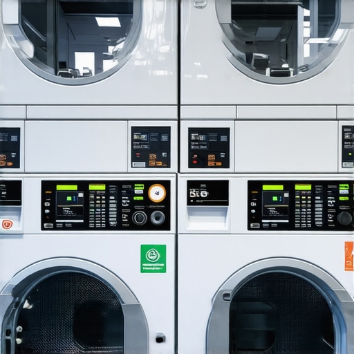 Display of digital route planning and eco-friendly laundry equipment in a modern laundromat