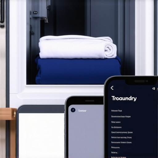 A visual of contactless laundry pickup with bundled laundry at a doorstep and a person using a mobile app for tracking.