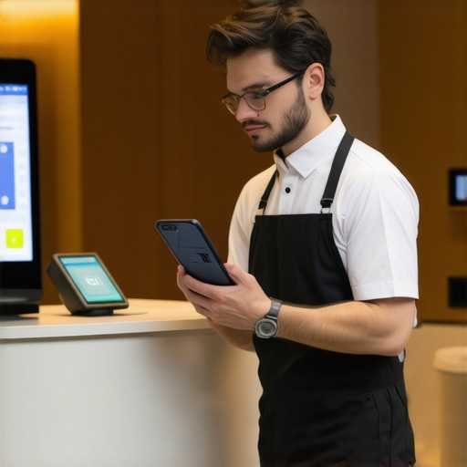 Hotel staff using tablet for contactless laundry pickup