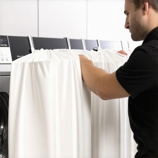 Technician inspecting RFID-tagged laundry bags for safety and sanitation standards