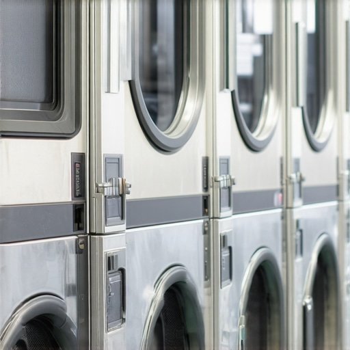 Advanced commercial laundry machines in operation at a busy laundry service facility.