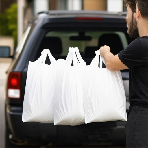 A friendly laundry pickup driver collecting sorted laundry bags from a homeowner's porch.