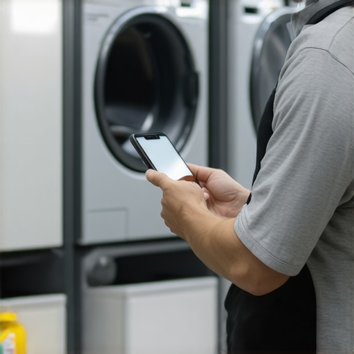 A person coordinating laundry pickup using digital tools and sanitation equipment in the background