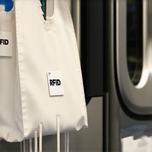RFID tags on laundry bags being scanned by RFID reader in a clean, organized laundry facility.