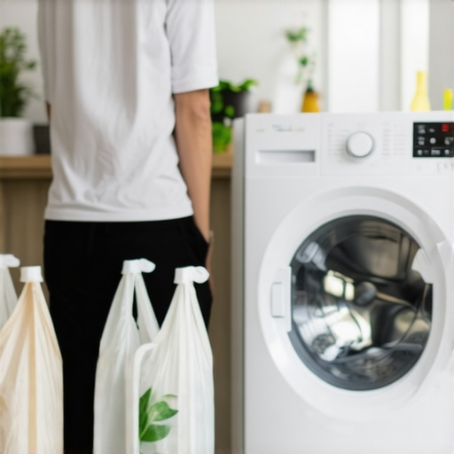 Cleaning professional collecting laundry with reusable bags, emphasizing eco-friendly practices