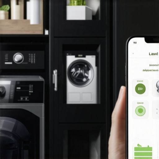 Modern laundry room showcasing smart sorting systems and a smartphone app for laundry scheduling.